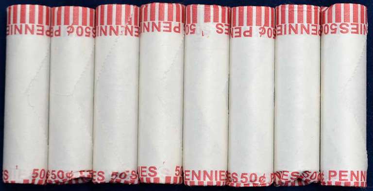 8 Unsearched Indian Cents Rolls, Machine Rolled In The 1980s Estate.