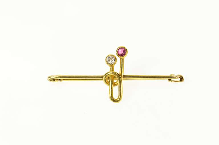 18K Yellow Gold 1950's Ruby Diamond Geometric Bar Pin/Brooch