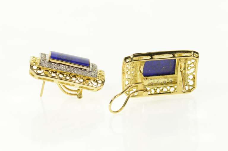 14K Yellow Gold Ornate Lapis Lazuli Diamond French Clip Earrings