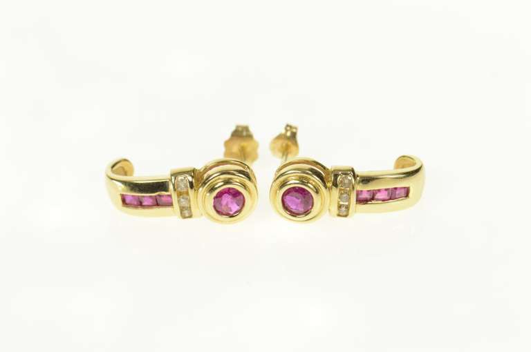 14K Yellow Gold Ruby Diamond Accent Curved Bar Statement Earrings