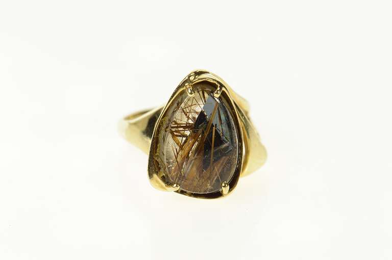 14K Yellow Gold Oval Rutilated Quartz Cabochon Statement Ring