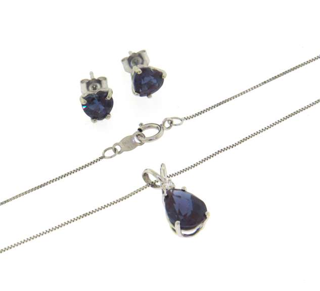 Set of Synthetic Alexandrite Pear Shaped Pendant and Earrings
