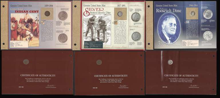 Set of 3; Indian Cent Copper Nickel, Silver, Seated Lib dime, Roosevelt Dime.  All in the Genuine United States Mint Holders