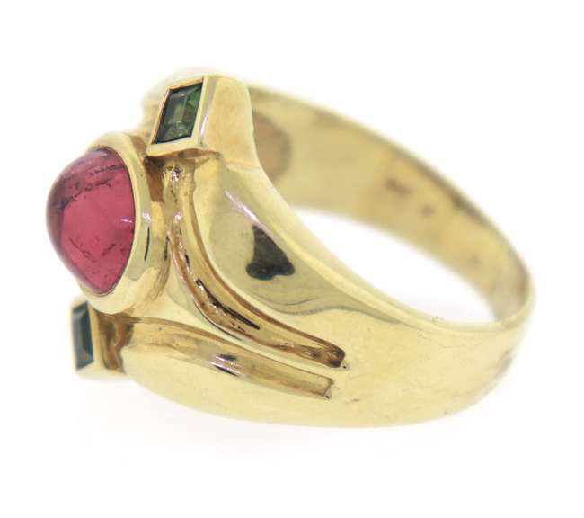 Powerful Yellow Gold Oval Cabochon Shaped Pink Tourmaline Cocktail Ring