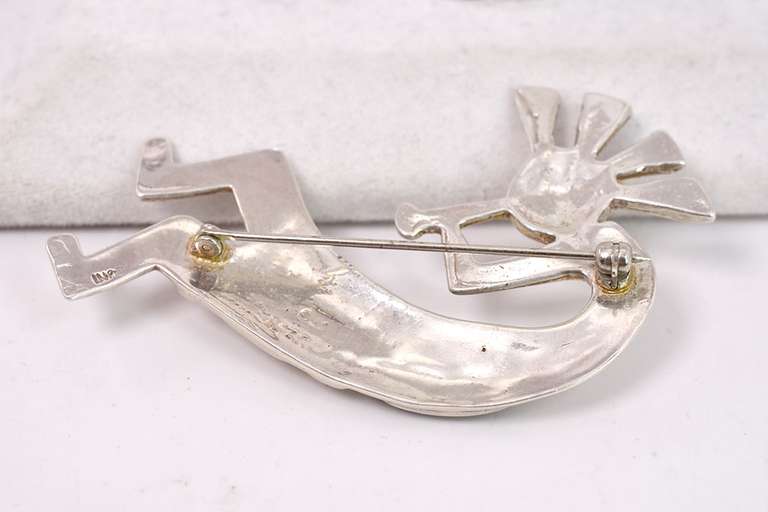 Signed Native American Man with Flute Pin in Sterling Silver