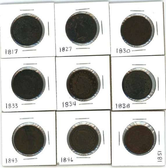 9 Diff. US Large Cents from 1817 to 1851 in circ