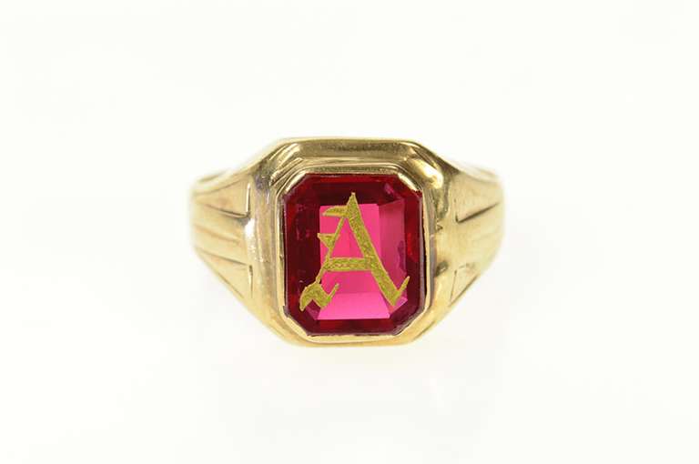 10K Yellow Gold 1930's A Monogram Letter Syn. Ruby Men's Ring