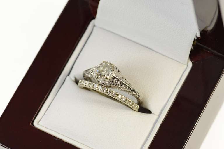 18K Yellow Gold Art Deco Diamond Engagement Bridal Set Ring