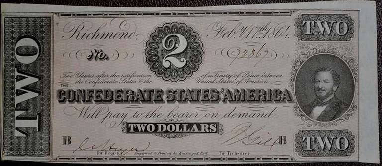 February 17th 1864 Richmond, VA Confederate States Of America Two Dollars. Uncirculated.