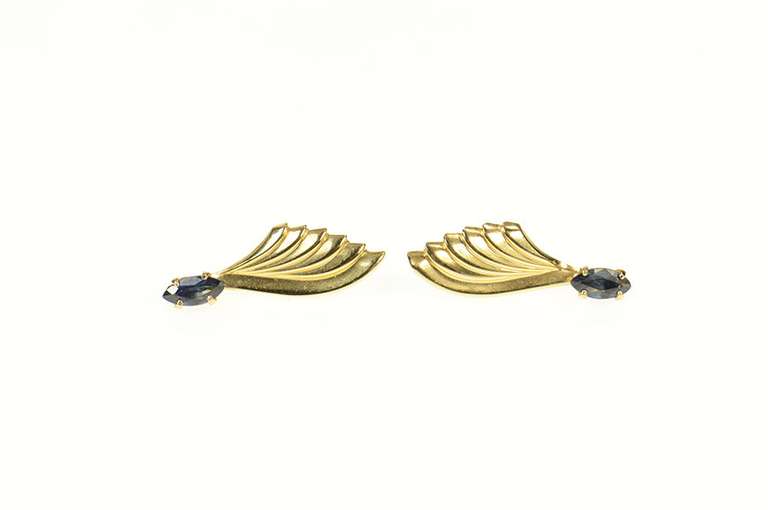 14K Yellow Gold Marquise Sapphire Fanned Wing Drop Earrings