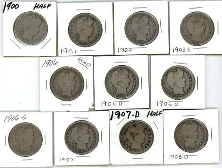 11 Diff. Barber Half Dollars 1900 to 1908-D