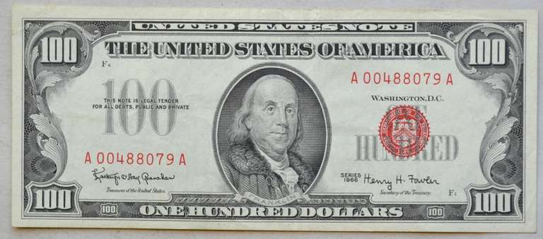 $  100 Red Seal  1966 Fowler Red Seal US Note