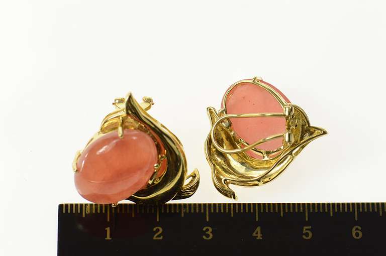 14K Yellow Gold Rhodochrosite Ornate Dolphin French Clip Earrings