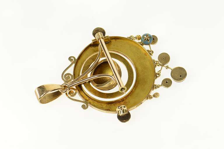 14K Yellow Gold Ornate Victorian Blue Enamel Fringe Pendant/Pin