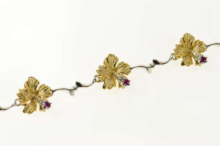 14K Yellow Gold Denny Wong Diamond Ruby Hibiscus Two Tone Bracelet