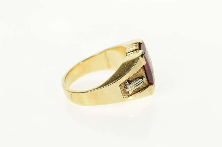 10K Yellow Gold Masonic Etched Syn. Ruby Retro Men's Ring