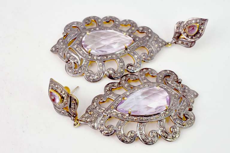 Entrancing 15.00CTS Amethyst & 3.02CTW Diamond Earrings Set in Ornate Silver
