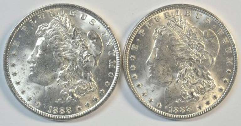 2 Frosty-white BU 1888 Morgan Silver Dollars