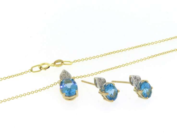 Fabulous Blue Topaz and Diamond Pendant on Chain w Matching Earrings