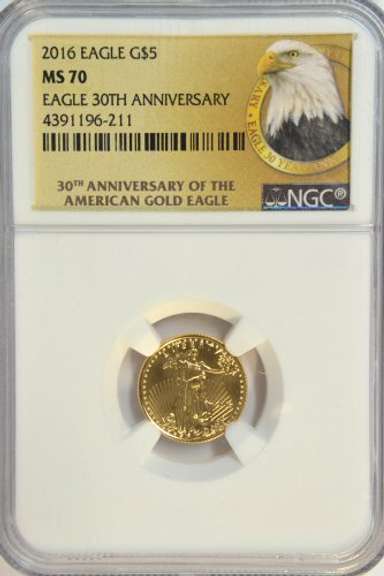 Flawless 2016 $5 Gold Eagle 30th Anniversary. NGC MS70