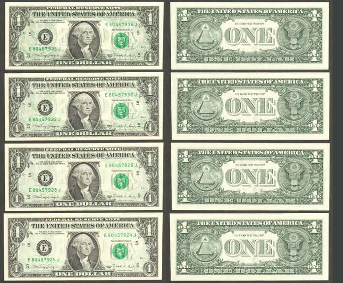 $1 1988-A FRN Offset Error Back on Face Dark 4 Notes Choice Crisp Uncirculated