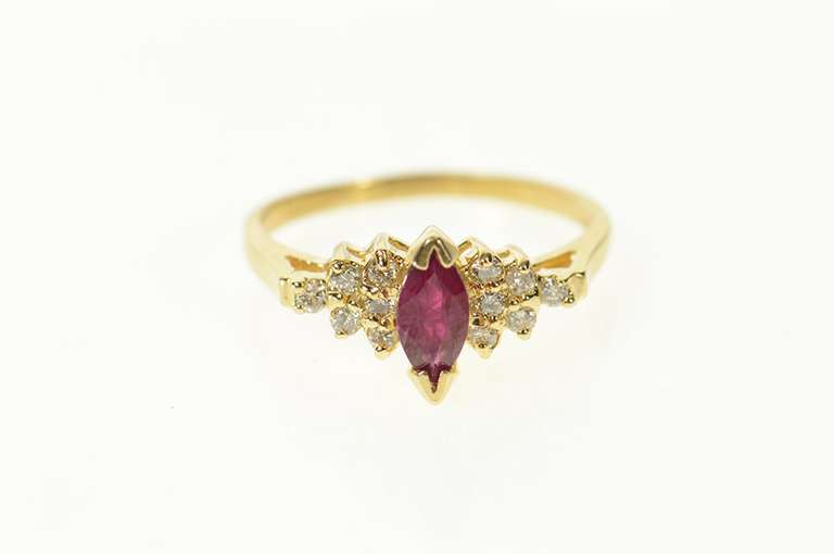 14K Yellow Gold Marquise Ruby Diamond Cluster Accent Ring