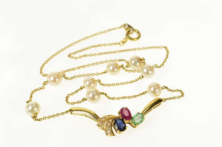 18K Yellow Gold Emerald Ruby Diamond Pendant Pearl Chain Necklace