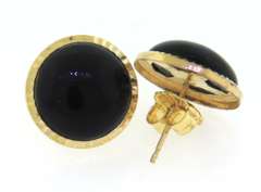 Nice Yellow Gold Black Onyx Earrings w Fluted Bezel