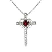 Sterling Silver White Topaz Cross Heart Pendant Necklace