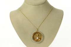 14K Yellow Gold Tibetan Buddhist Ornate Retro Pearl Medallion Pendant