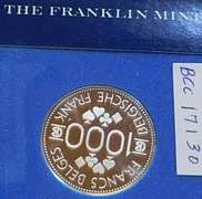 Franklin Mint: Sterling Sil Casino Chip, GEM Cameo PRF - 1000 Frank, Belgium