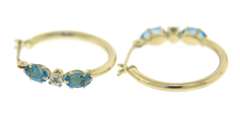 Charming Yellow Gold Blue Topaz & Diamond Hoop Earrings