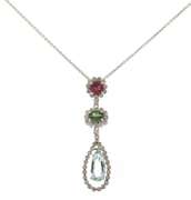Dreamy White Gold Tourmaline & Aquamarine w Diamond Halo Dangle Pendant
