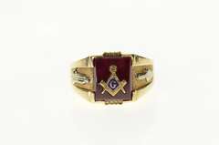 10K Yellow Gold Masonic Etched Syn. Ruby Retro Men's Ring