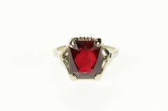 10K White Gold Art Deco Syn. Ruby Squared Ornate Statement Ring