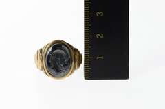10K Yellow Gold Ornate Carved Hematite Intaglio Retro Ring