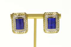 14K Yellow Gold Ornate Lapis Lazuli Diamond French Clip Earrings