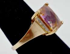 Dreamy Peach Colored Topaz Set in Yellow Gold Ring with Diamonds