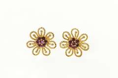 14K Yellow Gold 1960's Nat. Ruby Filigree Flower Screw Back Earrings