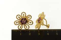 14K Yellow Gold 1960's Nat. Ruby Filigree Flower Screw Back Earrings