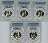 5 Superb Gem Proof 1958 Franklin Half Dollars. PCGS PR66