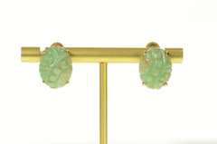 14K Yellow Gold Oval Floral Carved Jadeite Screw Back Earrings