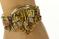 18K Yellow Gold Egyptian Hieroglyphic Diamond Bangle Bracelet