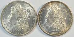 Very Choice BU 1879 & 1880 Morgan Silver Dollars. Nice