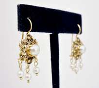 Ornate Flower Style Pearl Earrings in 14K Yellow Gold