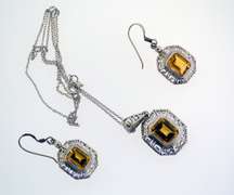 Sterling Silver Greek Key Citrine Pendant And Earrings Set