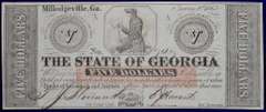 January 15th 1862 Milledgeville GA Five Dollars, Uncirculated.