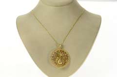 10K Yellow Gold 1960's Ruby Sapphire Diamond Ornate Peacock Pendant