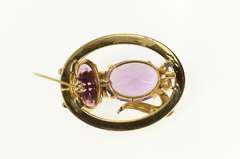 14K Yellow Gold Amethyst Seed Pearl Syn. Sapphire Cat Oval Pin/Brooch