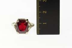 10K White Gold Art Deco Syn. Ruby Squared Ornate Statement Ring